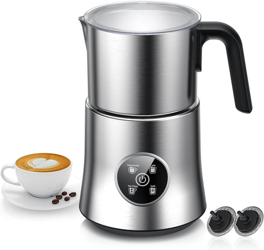 Milk Frother, Detachable Large-Capacity Electric Frother, Milk Steamer for Coffee, Cappuccino, Latte, Choc, Stainless Steel Jug, BPA-Free Transparent Lid