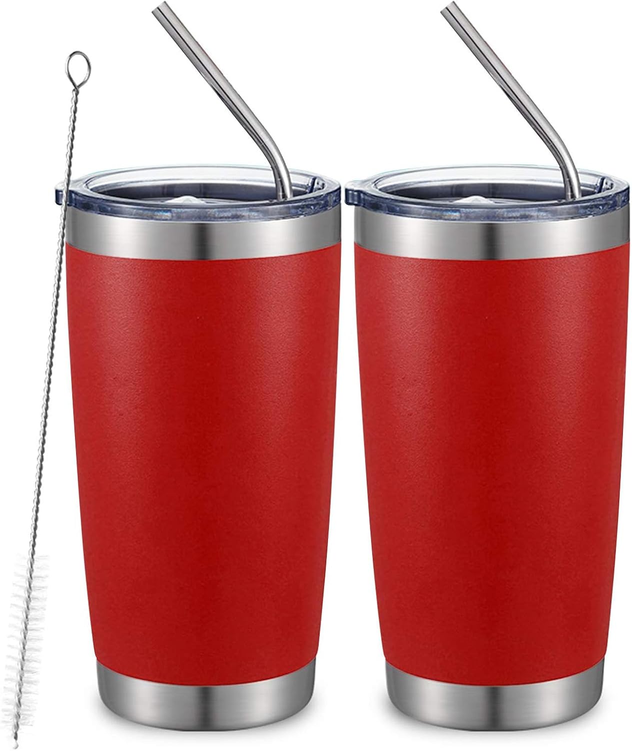 COMOOO 20oz Double Wall Vacuum Insulated Travel Mug, Stainless Steel Tumbler with Lid and Straw Durable Powder Coated Insulated Coffee Cup for Cold & Hot Drinks (Red, 2 pack