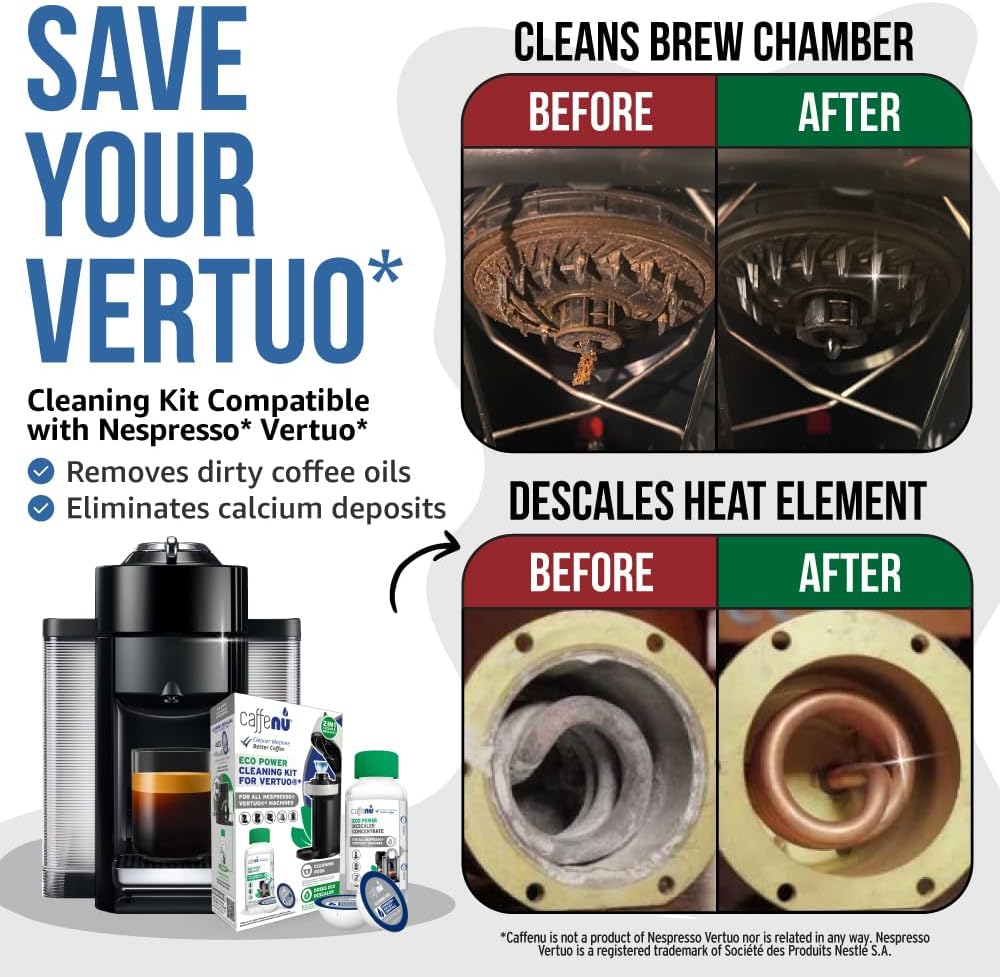 Caffenu Descaling Kit Compatible with Nespresso Vertuo, 2 Uses Descaling Solution and 6 Cleaner Pods. Removes Limescale & Cleans Pod Area. Better Tasting & Hotter Coffee. 4 Months Supply.