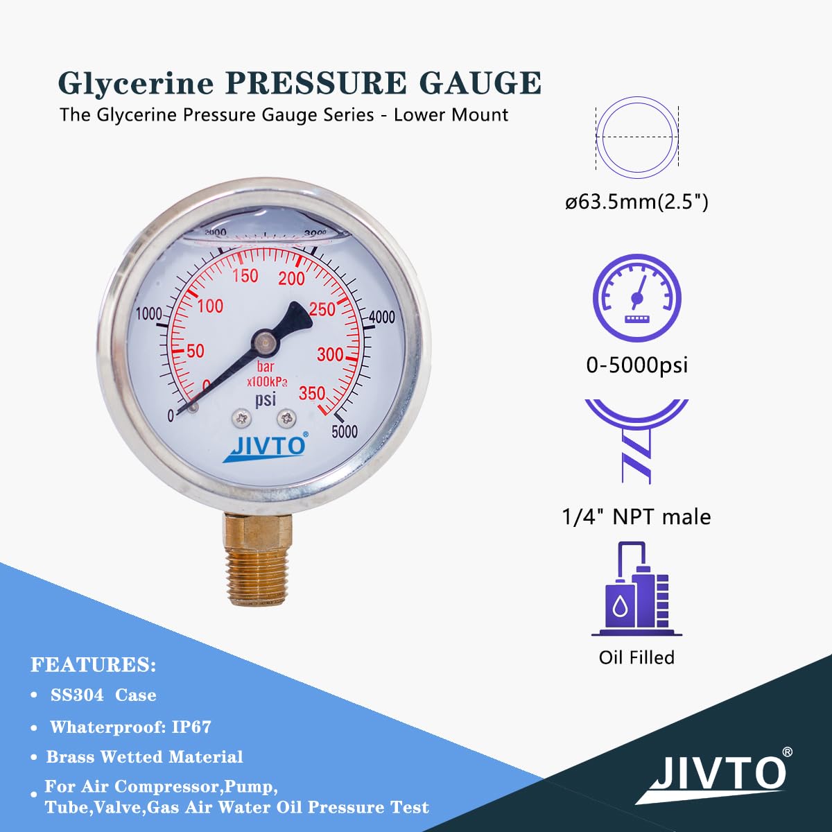 Pressure Gauge,Glycerin Liquid Filled,2.5" Dual Scale Dia,0-5000 psi/bar/kpa,1/4" NPT Male Brass Connection,Lower Mount, Stainless Steel Case,for Pneumatic,Pump,Hose,Well Tank,Gas Air Water Oil
