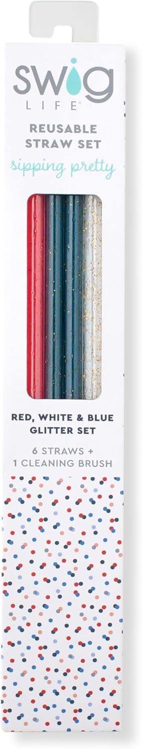 Swig Life Reusable Straws Red, White & Blue Glitter Tall Straw Set & Cleaning Brush, Each Straw is 10.25 inch Long (Fits Swig Life 20oz Tumblers, 22oz, and 32oz Tumblers)