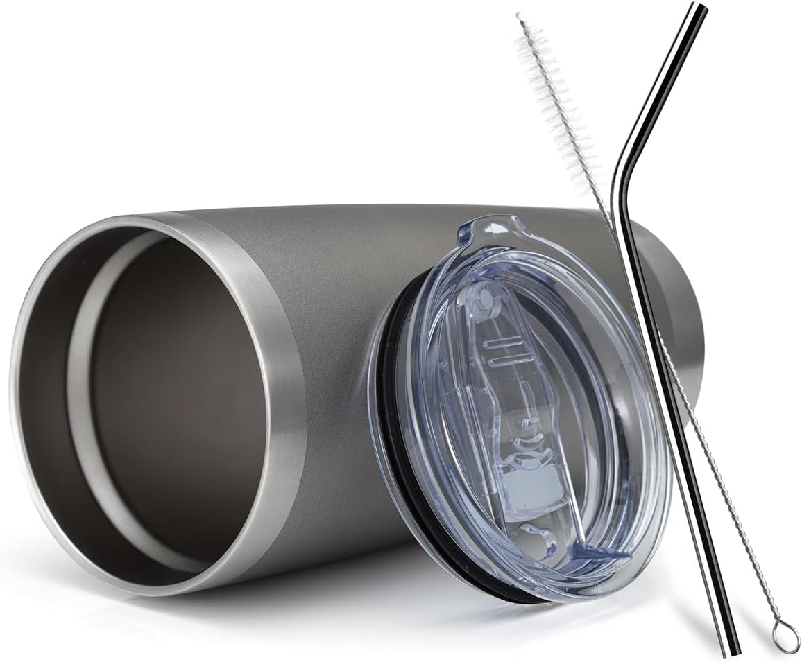 COMOOO 20oz/8Pack Tumbler Double Wall Vacuum Insulated Coffee Travel Mug Stainless Steel Tumbler with Lid and Straw Coffee Cup for Cold & Hot Drinks, Home and Outdoor (Cold Grey, 8 Pack)