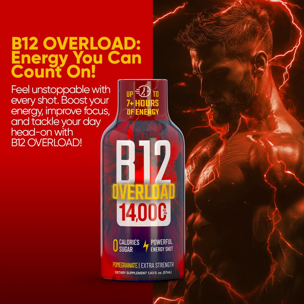 B12 Overload Extra Strength Energy Shot – Pomegranate – 260mg Caffeine, 14000% B12, Electrolytes – Energy & Vitality Support – Zero Sugar No Calories – Vegan, Kosher, Gluten-Free – 1.93 fl oz, 12-Pack