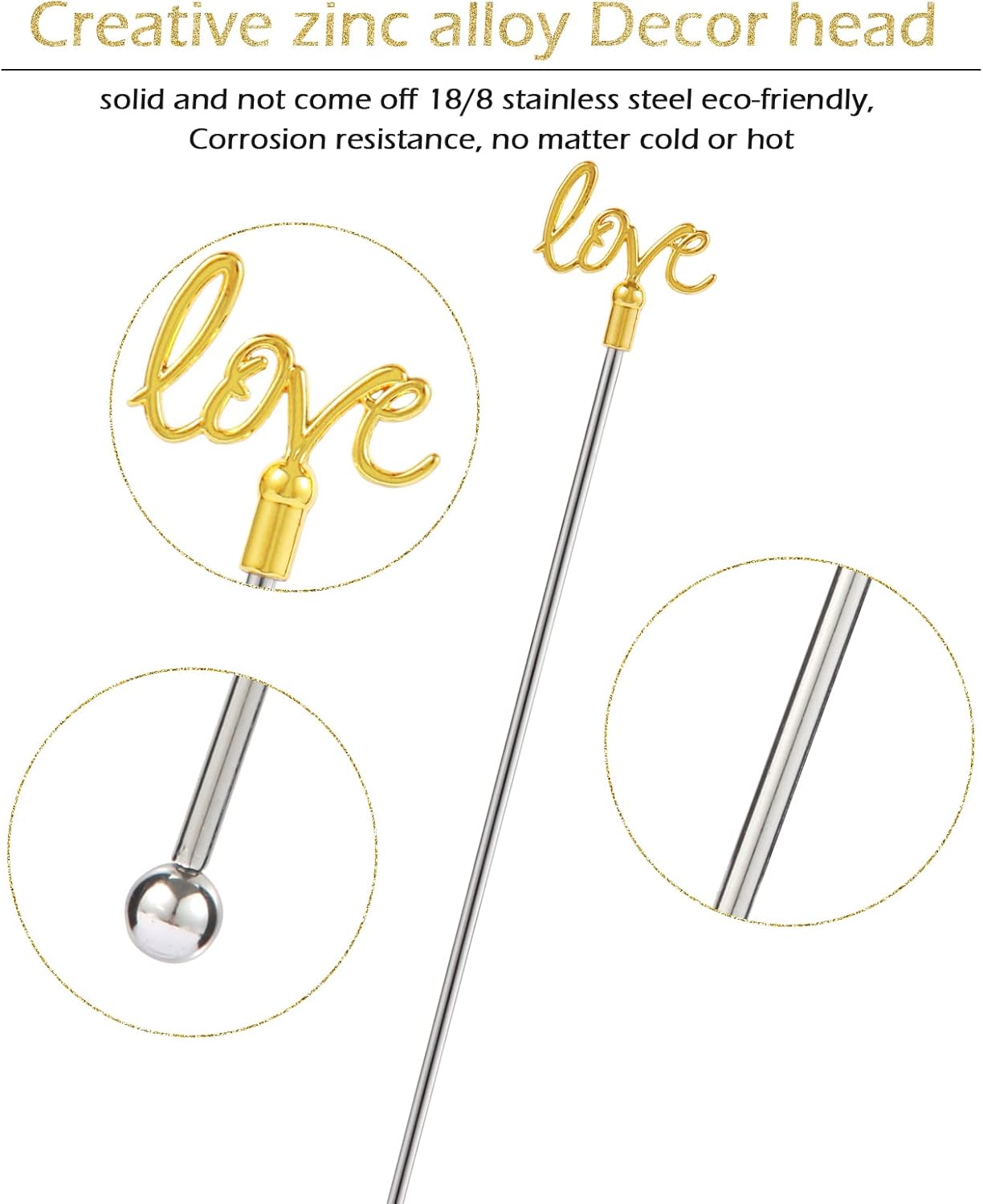 4Pcs Cocktail Stirrers Swizzle Sticks Stainless Steel 7.3" Coffee Stir Sticks with Gold Mr & Mrs,LOVE Shape, for Mixing Cocktail Metal Stir Sticks for Coffee Bar