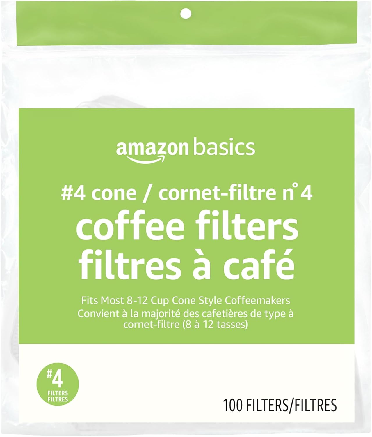 Amazon Basics Number 4 Cone Coffee Filters for 8-12 Cup Coffee Makers, White, 100 Count