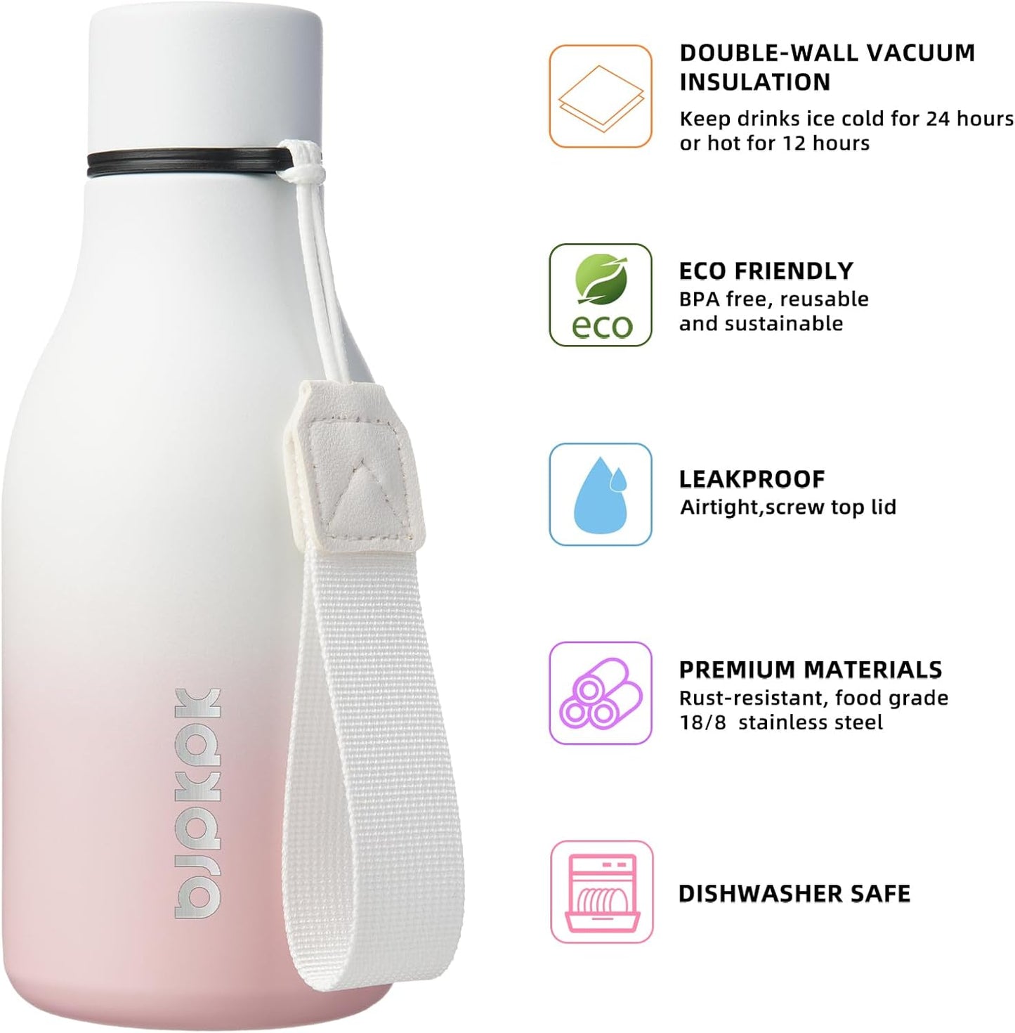 BJPKPK Insulated Water Bottles, 12oz Stainless Steel Metal Water Bottle with Strap, BPA Free Leak Proof Thermos, Mugs, Flasks, Reusable Water Bottle for Sports & Travel, Graceful Pink