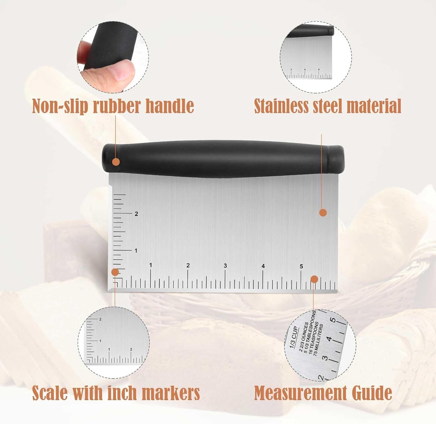 2pcs Stainless Steel Dough Scraper & Chopper - 6 Inch Multi-Purpose Kitchen Tools with Measuring Markings, Cutter for Dough, Pizza Cutter for Kitchen Baking