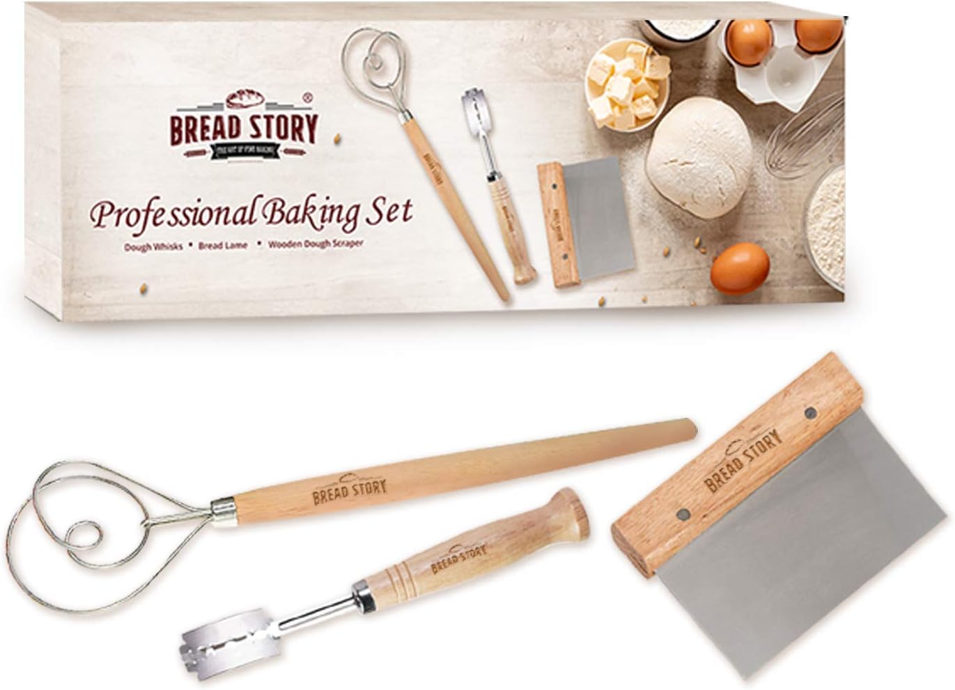 Bread Story Danish Whisk Dough Lame Slashing Tool And Wooden Scraper Tool Used for Pastry Baking Sourdough Starter Kit Set of 3