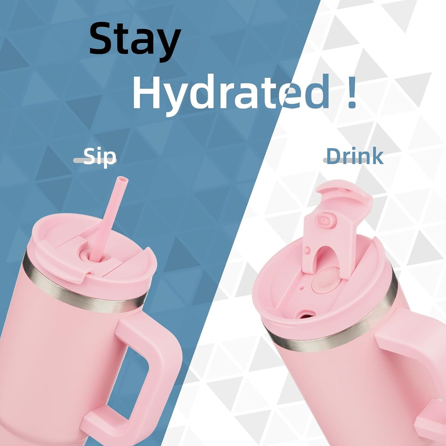 40 oz Tumbler with Handle and 2 Straws,2 in 1 Lid Insulated Water Bottle Stainless Steel Travel Coffee Mug,Pink