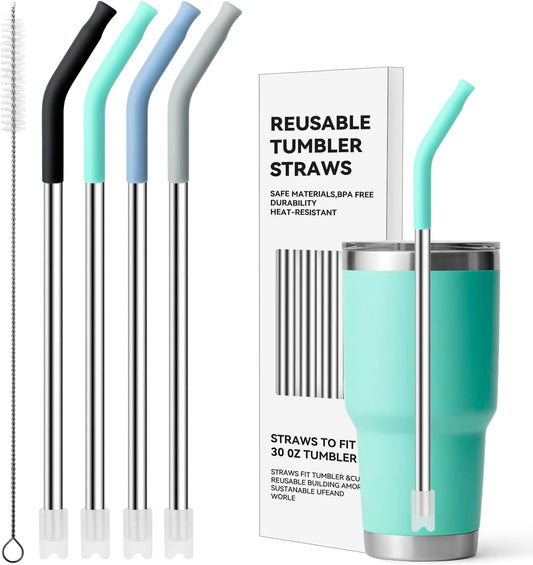 Stainless Steel Straws for 30 oz YETI Tumbler, 4 Pcs Metal Straws Reusable with Silicone Tip for 30 oz 35 oz YETI Cup(Color 1)