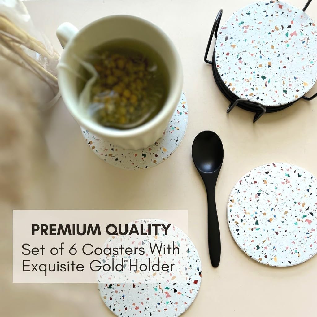 Absorbent Coaster Set of 6 with Holder, Drink Coasters for Coffee Table, Kitchen, Home Decor, Cute Ceramic Round Coasters, Alternative to Silicone, Cork or Glass Coaster (Confetti with Black Holder)