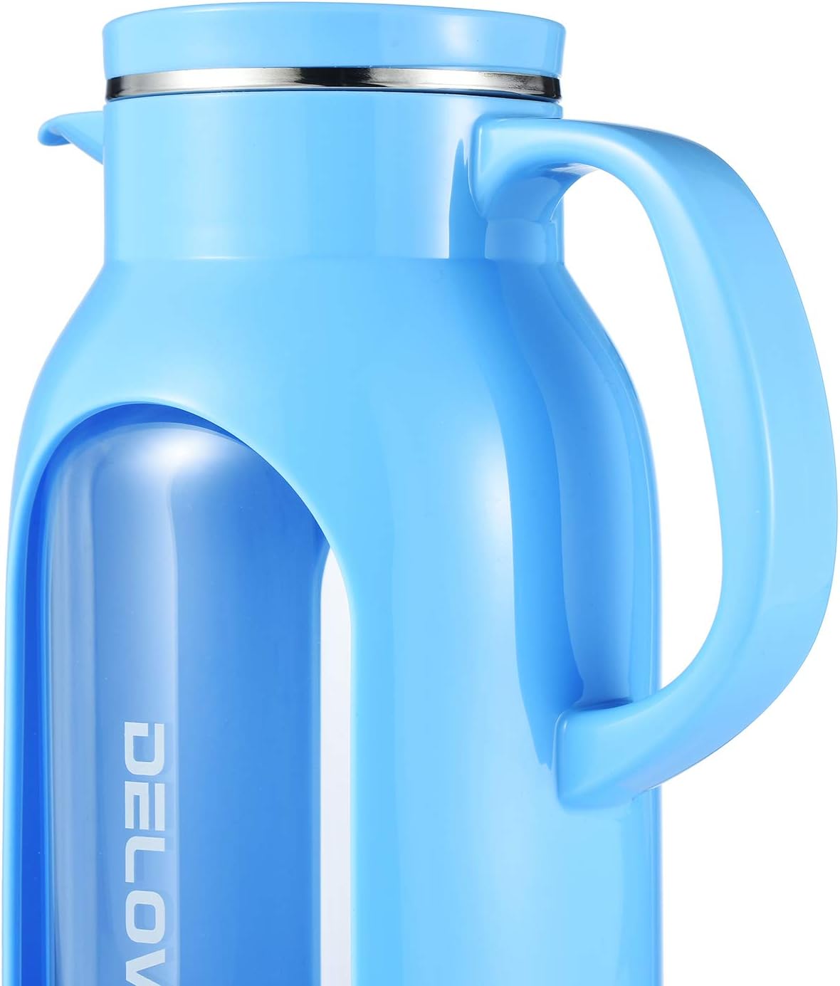 Delove 68 oz/2 Liter Glass Pitcher with Shatterproof Shell - Heat Resistant Glass Liner - Stainless Steel Lid - Carafe & Jug for Iced Tea,Hot/Cold Water,Homemade Juice Beverages (Blue)