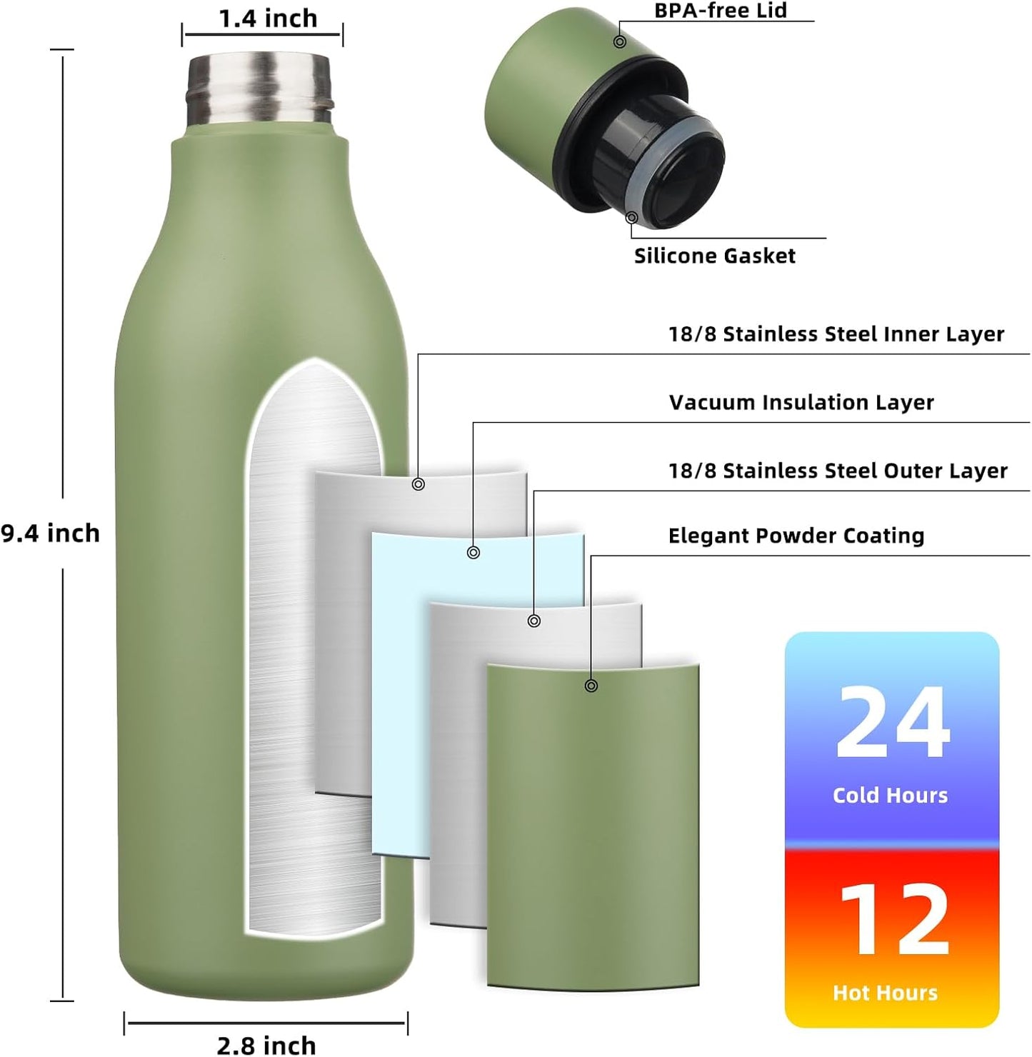 BJPKPK Insulated Water Bottles, 18 oz Stainless Steel Metal Water Bottle with Strap, BPA Free Leak Proof Thermos, Mugs, Flasks, Reusable Water Bottle for Sports & Travel, Forest Green