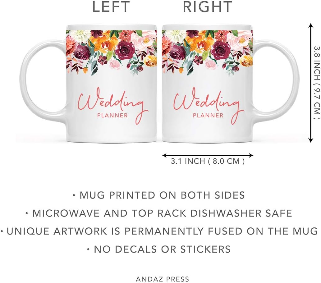 Andaz Press 11oz. Wedding Ceramic Coffee Tea Mug Gift, Fall Autumn Burgundy Orange Peach Flowers Roses Florals, Wedding Planner, 1-Pack, Includes Gift Box