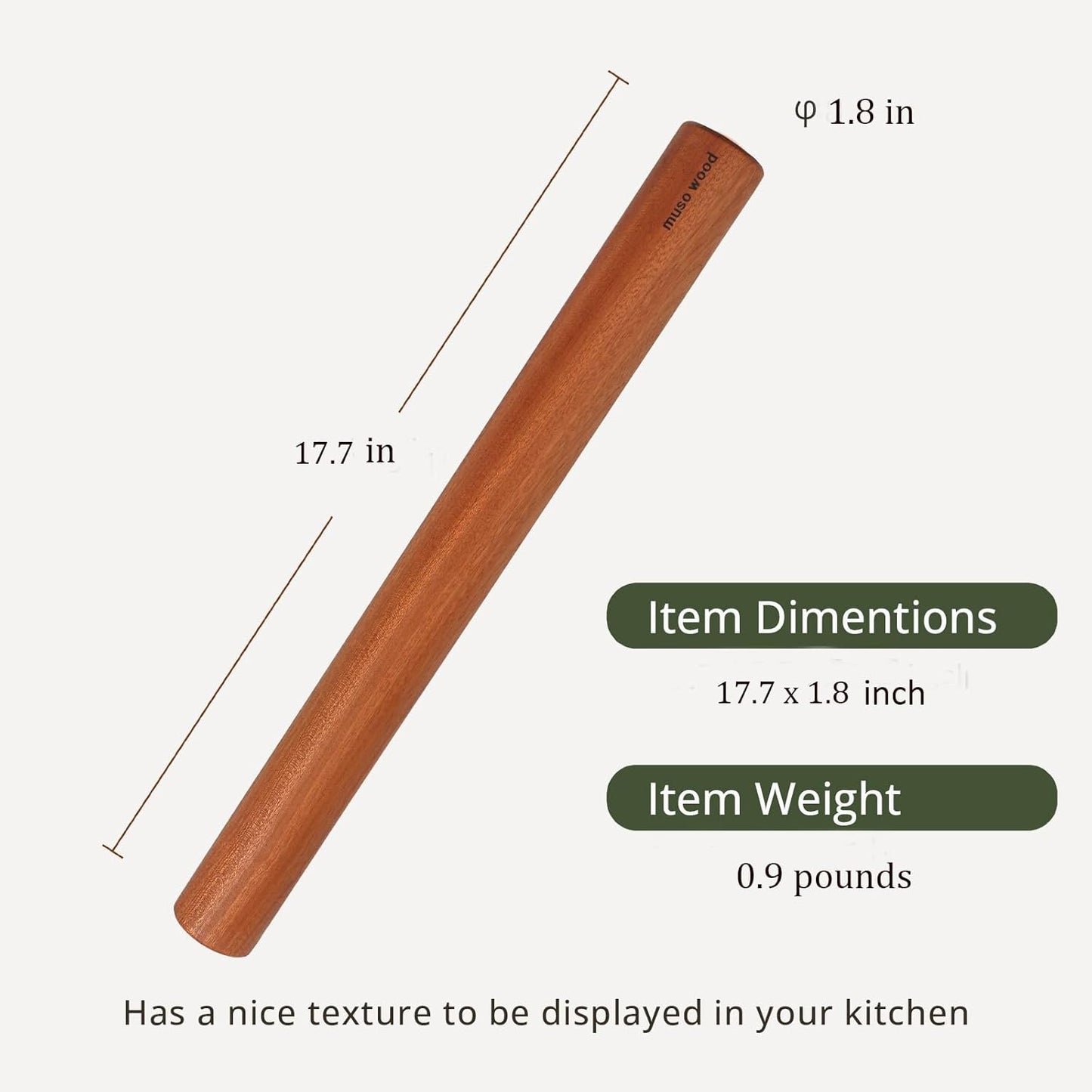 Muso Wood Sapele Wooden Dowel Rolling Pin for Baking,Tapered Roller for Fondant, Pie Crust, Cookie, Pastry (Dowel 17.5inch)