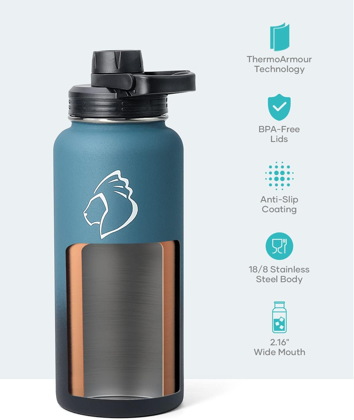 BUZIO 32 oz Water Bottle Insulated with Straw & 3 lid and Carrying Pouch, Leak Proof Anti-Slip Stainless Steel Water Flask Jug, Cold for 48 Hrs Double Vacuum Thermo Canteen, BPA-Free, Indigo Crush
