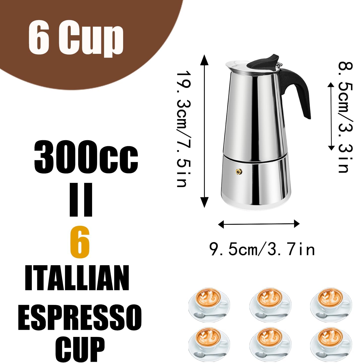 6 Cup Stovetop Espresso Maker Stainless Steel Moka Pot Stove Top Percolator Italian Coffee Makers Capable Mocha Greca Machine Cafe Classic Induction Cookers for Home and Camping 300ml 10oz