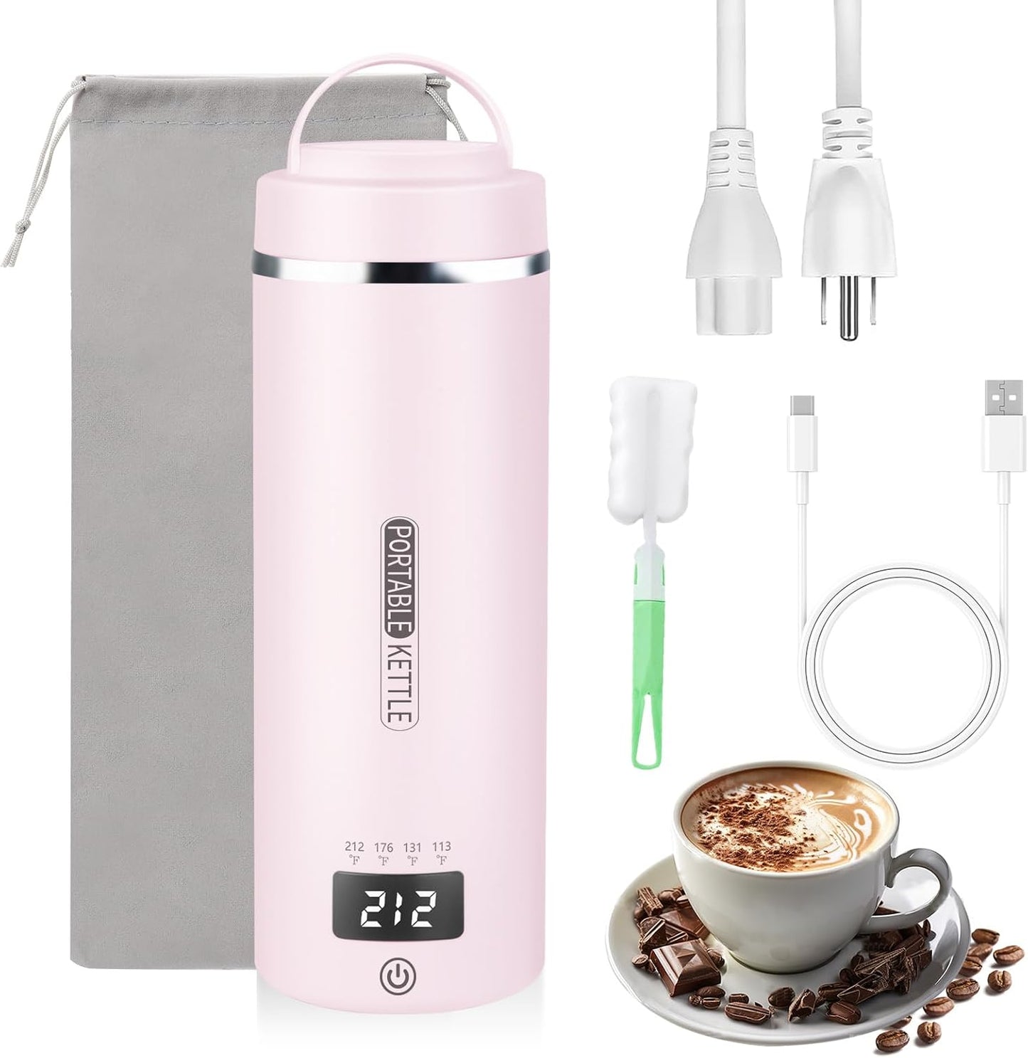 Travel Kettle Portable Electric Kettle with Plug-in Boiling & Keeps Warm via USB, Portable Water Boiler with 4 Temperature Settings, 304 Stainless Steel with Auto Shut-off 16oz(Pink)