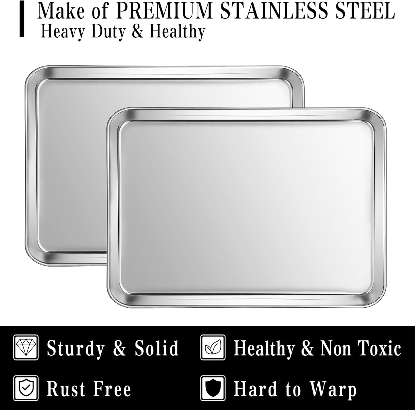 Stainless Steel Baking Sheet Set, 2 Pcs Cookie Sheet Pan Baking Trays for Oven, Non Stick and Heavy Duty and Easy Clean, 15.9 x 12 x 1 Inch