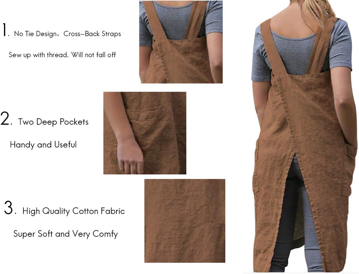 Women's Pinafore Square Apron Baking Cooking Gardening Works Cross Back Cotton/Linen Blend Dress with 2 Pockets
