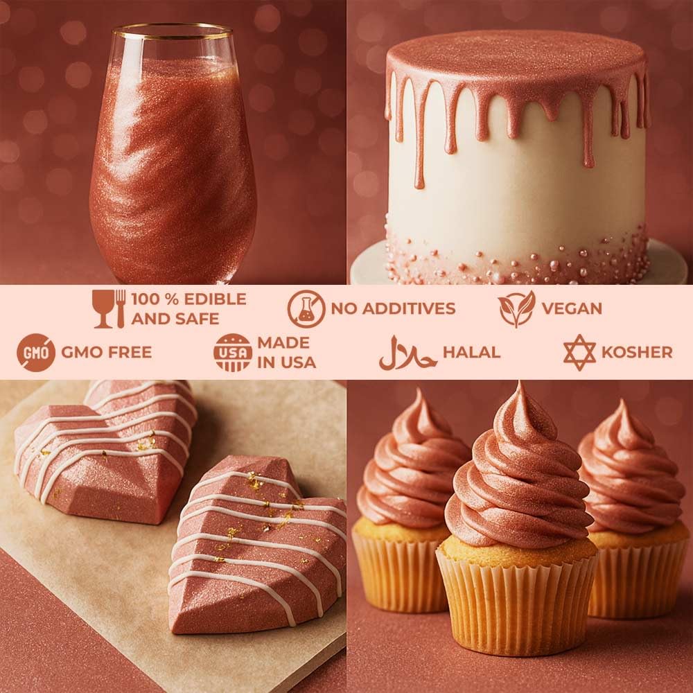 Bulk (20g) Rose Gold Luster Dust Edible Glitter for Cocktails | Premium Edible Rose Gold Luster Dust for Cake Decorations - Pink Edible Glitter for Drinks Cupcakes Cookies Cakes Food Paint