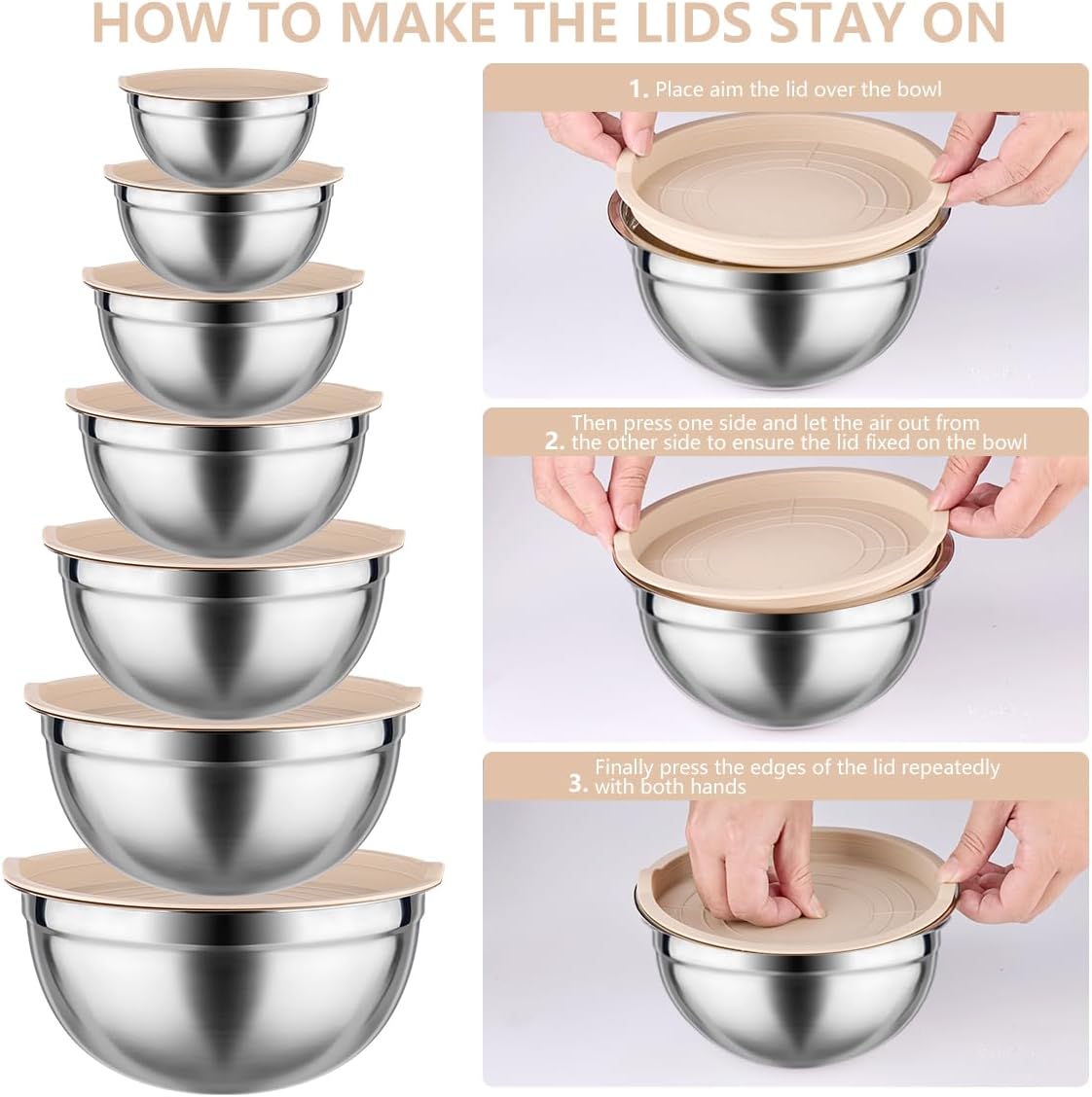Mixing Bowls with Lids set - 25 PCS Stainless Steel Nesting Khaki Mixing Bowls Set for Baking,Mixing,Serving & Prepping,Size 5, 3.7, 2.8, 2.3, 1.7, 1.1, 0.7QT, 11 Cooking Utensils