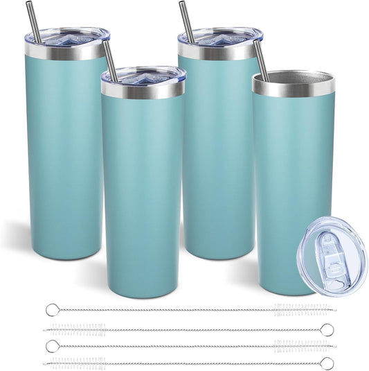 20 oz Skinny Tumblers with Lid and Straw,Stainless Steel Vacuum Insulated Tumbler Cup Double Wall Travel Coffee Mug, Thermal Water Tumbler for Hot and Cold Drinks(Glacier blue,4)