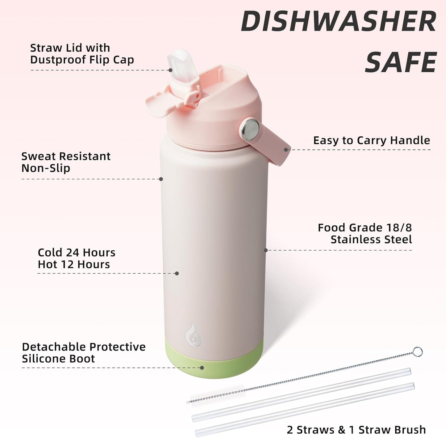 BJPKPK Water Bottle with Straw Lid, 24oz Vacuum Insulated Water Bottles, Metal Stainless Steel Thermos for Sports, Travel, BPA Free Leak Proof Thermos, Cups, Flasks, Tumblers,Pearl Pink