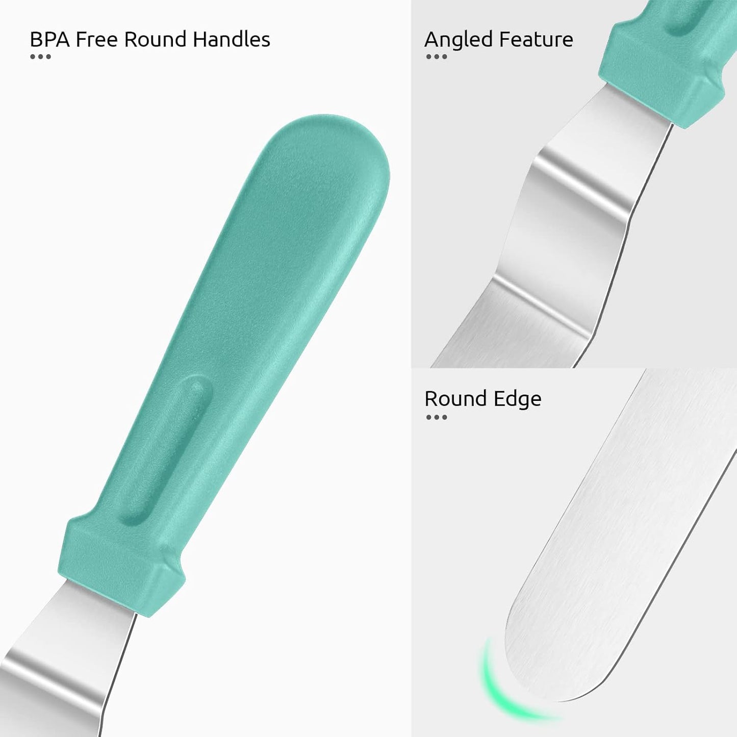 Icing Spatula, U-Taste Offset Spatula Set with 6", 8", 10" Blade, 18/0 Stainless Steel with PP Plastic Handle Angled Cake Decorating Frosting Spatula Set of 3 (Teal/Aqua Sky)