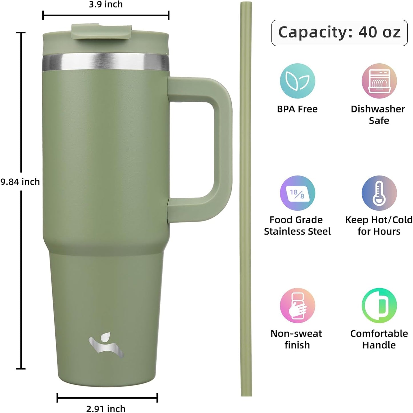 40 oz Tumbler with Handle and 2 Straws,2 in 1 Lid Insulated Water Bottle Stainless Steel Travel Coffee Mug,Army Green