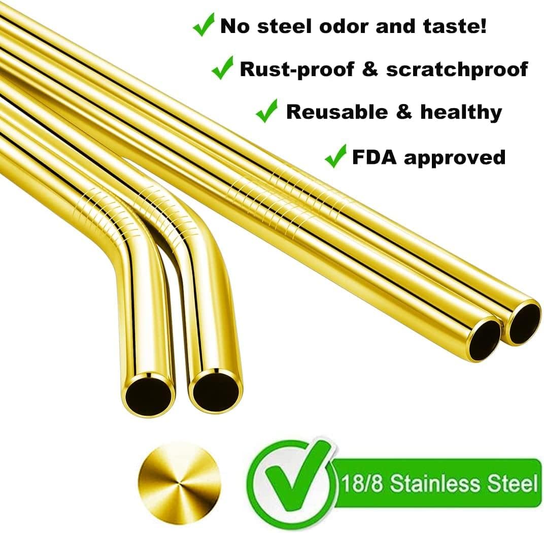 Vinaco 8.5" and 10.5" Big Smoothie & Milkshake Straws, 4 Pack Food-Grade Stainless Steel 0.4" Wide Mouth for Thick Drinks, Gold Metal Reusable