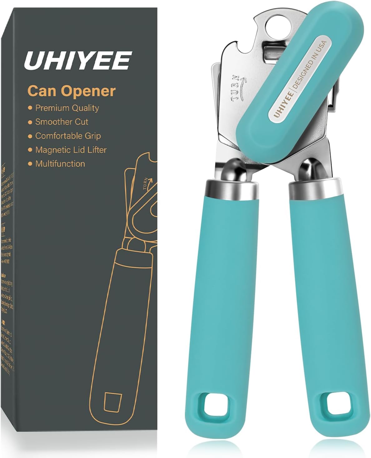 Can Opener Manual, UHIYEE Hand Held Manual Can Openers Heavy Duty with Smoother Cut Sharp Blade, Manual Hand Can Open with Soft Handle, Easy to Turn Knob, Magnetic Lid Lifter, Turquoise