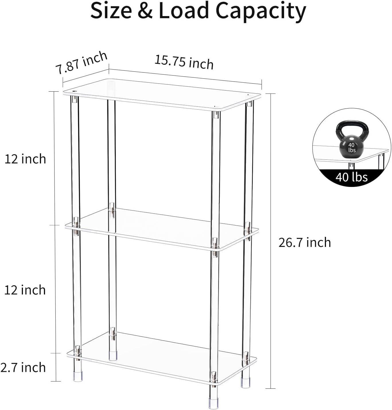 Clear Acrylic Narrow Side Table Set of 2 for Small Spaces, 15.75" L x 7.87" W x 26.7" H, 3 Tier Rectangle Slim End Table Nightstand, Small Mini Skinny Bedside Table for Bedroom, Living Room