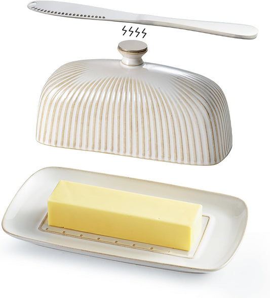 Getstar Ceramic Butter Dish with Lid and Stainless Steel Knife for Countertop, with Magnet to Attract Knife, Fit both West East Coast Butter