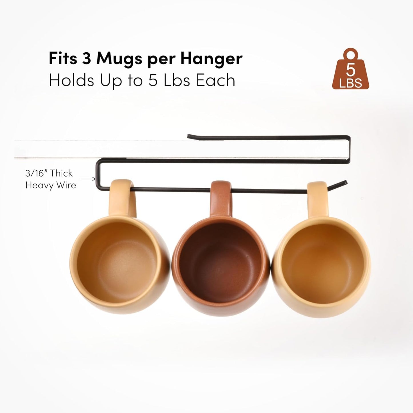 Coffee Mug Hanger for Cabinet, Clip-On Shelf, for Cups, Utensil, Tumbler Lid, Screwless Install (Pack of 2), Fits Shelves up to 3/4"