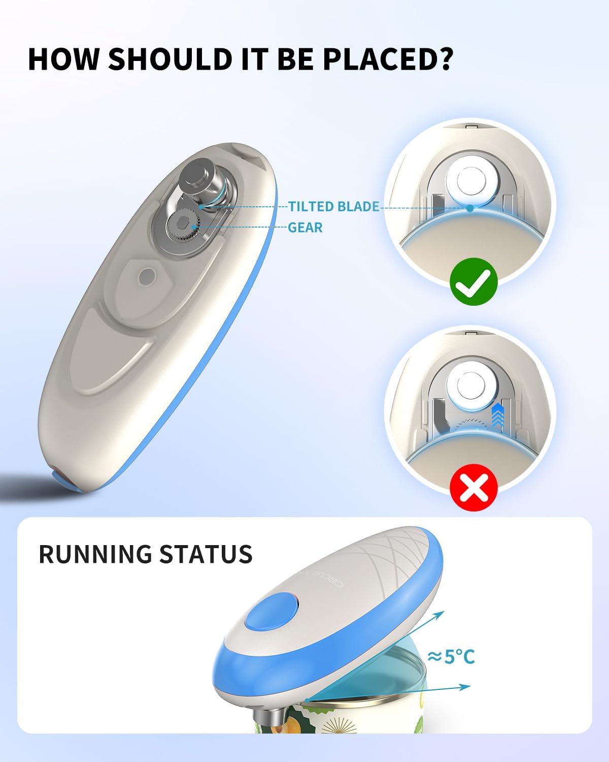 CIRCLE JOY Electric Can Opener, One-Touch Automatic Can Opening with Smooth Edges, Food Safety Handheld Battery-Operated Can Opener for Kitchen and Seniors, Blue