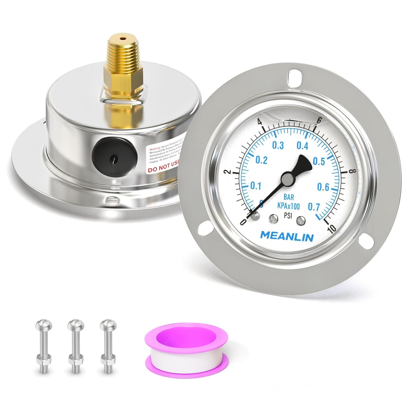 MEANLIN MEASURE 0~10Psi Liquid Filled Pressure Gauge Front Flange Panel Mount, 1/4" NPT 2.5" FACE DIAL Stainless Steel Case with Phillips Screw and Nut, +/-3-2-3%