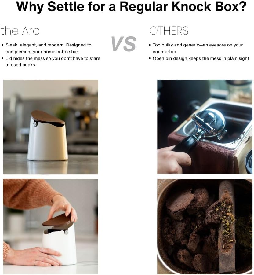 CREMA Coffee Products Arc Knock Box | Holds 12–16 Espresso Pucks| Durable,Stain-ResistantBuild withNon-Slip Base|Elegant WalnutPlastic Lid Design| EasyClean-Up &Moisture Control|White Finish