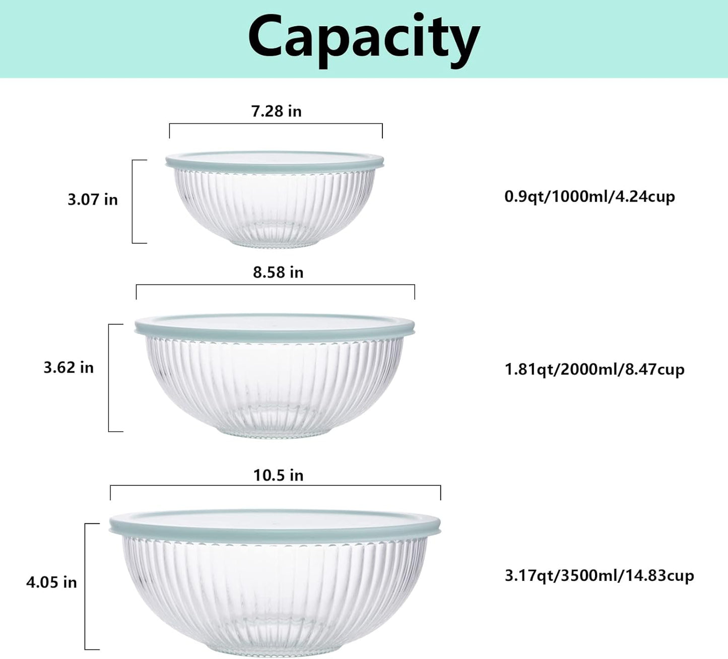 WhiteRhino Glass Mixing Bowls with Lids Set of 3(3.7QT, 2.1QT, 1.1QT),Large Kitchen Salad Bowls, Space-Saving Nesting Bowls, Clear Glass Serving Bowls for Cooking,Baking,Prepping,Dishwasher Safe