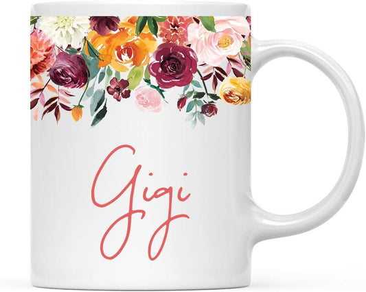 Andaz Press 11oz. Mother's Day Ceramic Coffee Tea Mug Gift, Fall Autumn Burgundy Orange Peach Flowers Roses Florals, Gigi, 1-Pack, Includes Gift Box, Birthday Christmas Gift Ideas