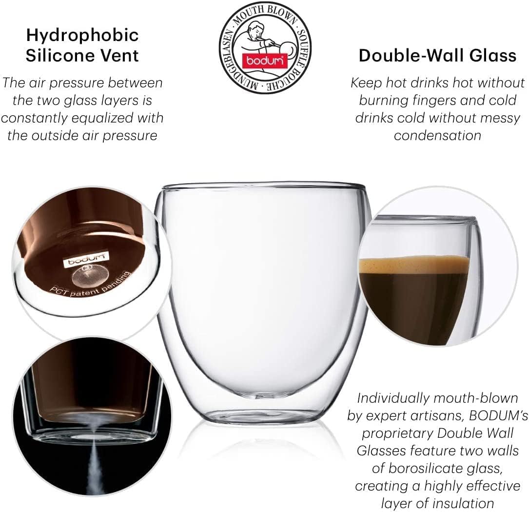 Bodum 5oz Bistro Double Wall Espresso Mug, High-Heat Borosilicate Glass, Set of 2, Clear