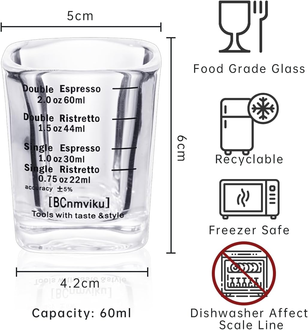 BCnmviku Espresso Shot Glasses Measuring Cup Liquid Heavy Glass for Baristas 2oz for Single Shot of Ristrettos (2 pack)