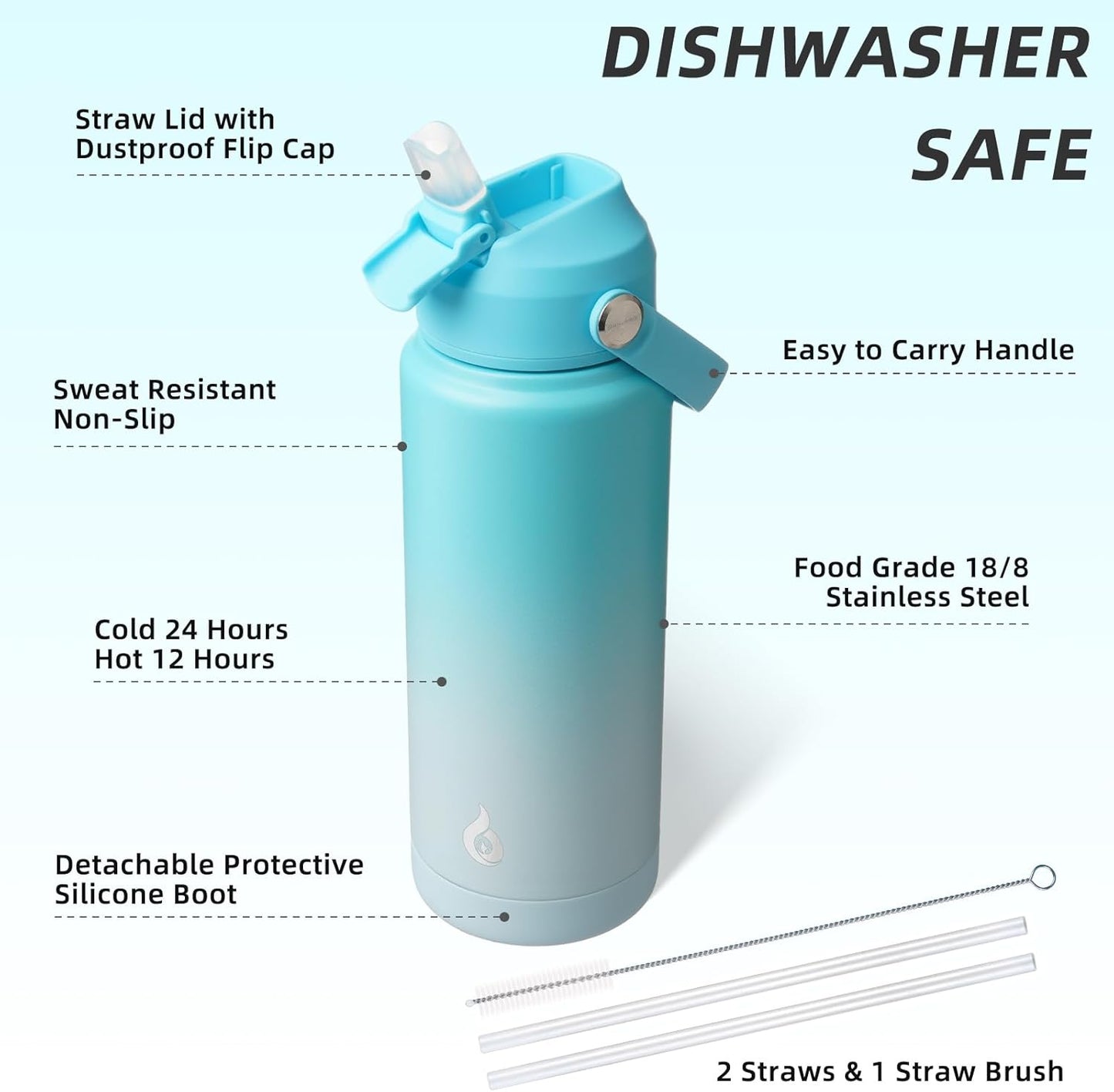 BJPKPK Water Bottle with Straw Lid, 24oz Vacuum Insulated Water Bottles, Metal Stainless Steel Thermos for Sports, Travel, BPA Free Leak Proof Thermos, Cups, Flasks, Tumblers,Sea Salt