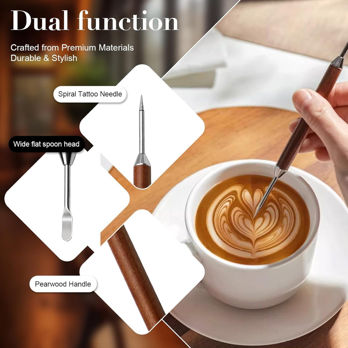 2-Pack Latte Art Pen Set, Stainless Steel Coffee Drawing Tool with Wood Handle, Double-Ended Barista Accessories for Creating Professional Espresso Tools, Home & Travel & Cafe Use