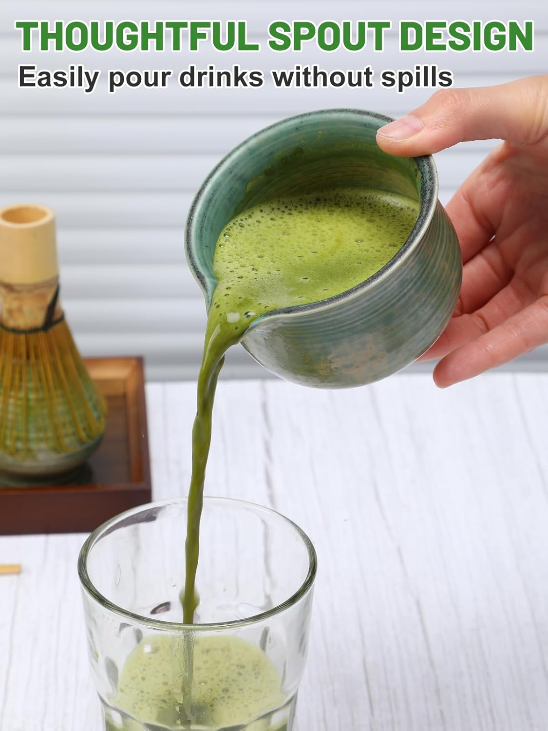 MADHOLLY Matcha Whisk Set with Tray - Matcha Bowl with Spout, Whisk and Holder, Bamboo Scoop, Japanese Matcha Kit Tea Ceremony Gift for Matcha Lovers