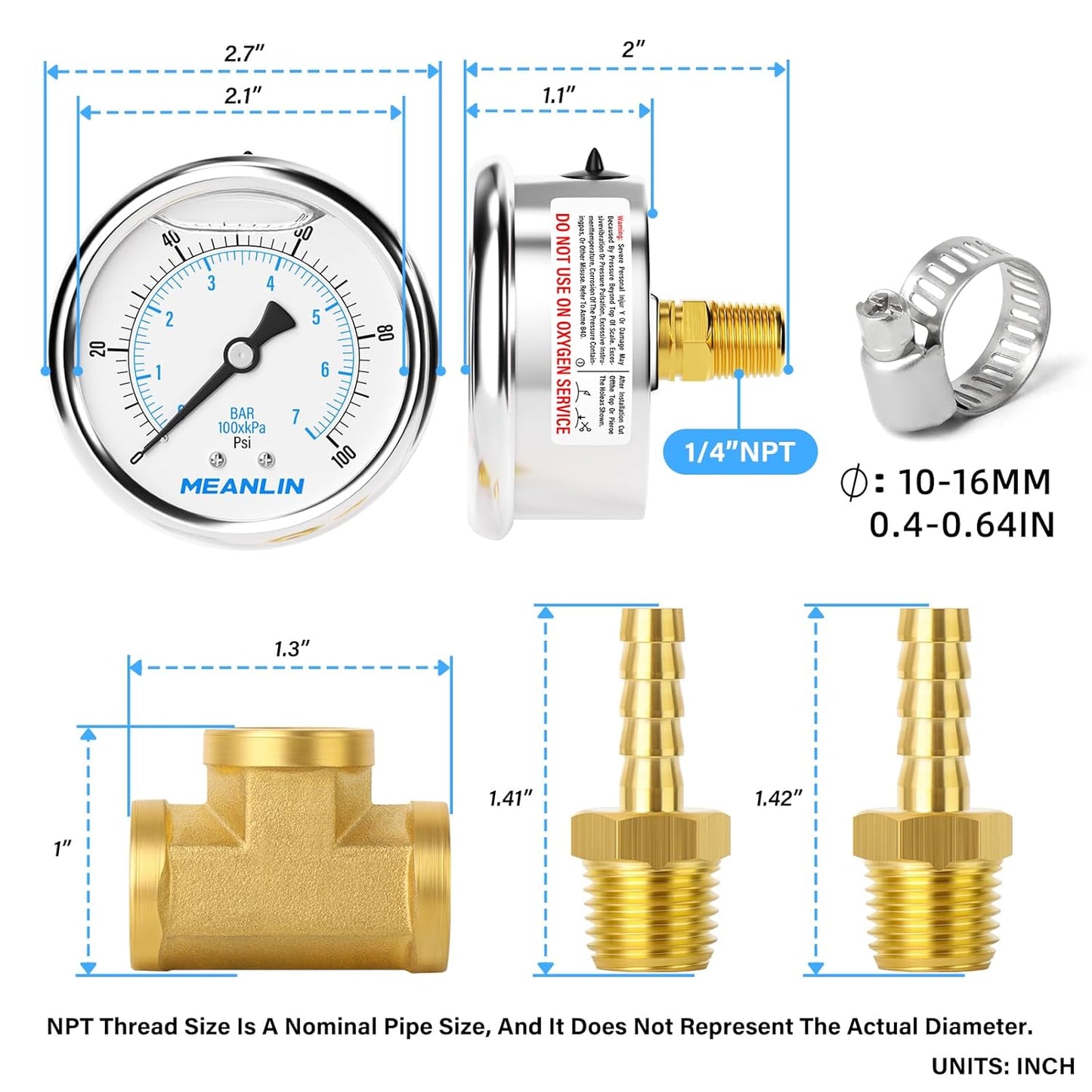 MEANLIN MEASURE 0-100Psi Stainless Steel Liquid Filled Pressure Gauge 1/4" NPT 2.5" FACE DIAL, with 1/4" 5/16" Barbed, WOG Water Oil Air (9Pieces KIT, Back Mount)