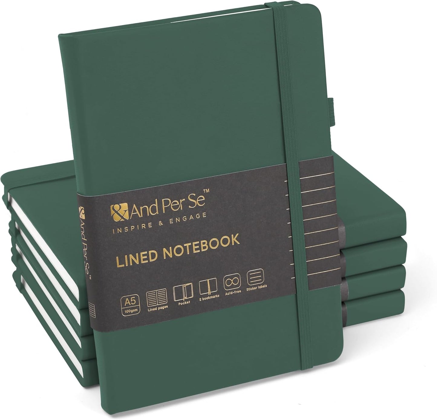 &And Per Se Lined Journal Notebook (5 Packs), 160 Pages, A5 5.7 x 8 inches College Ruled Thick Paper Notebook Journals for Writing, Hardcover Notebooks for Women Men Office School (Green)