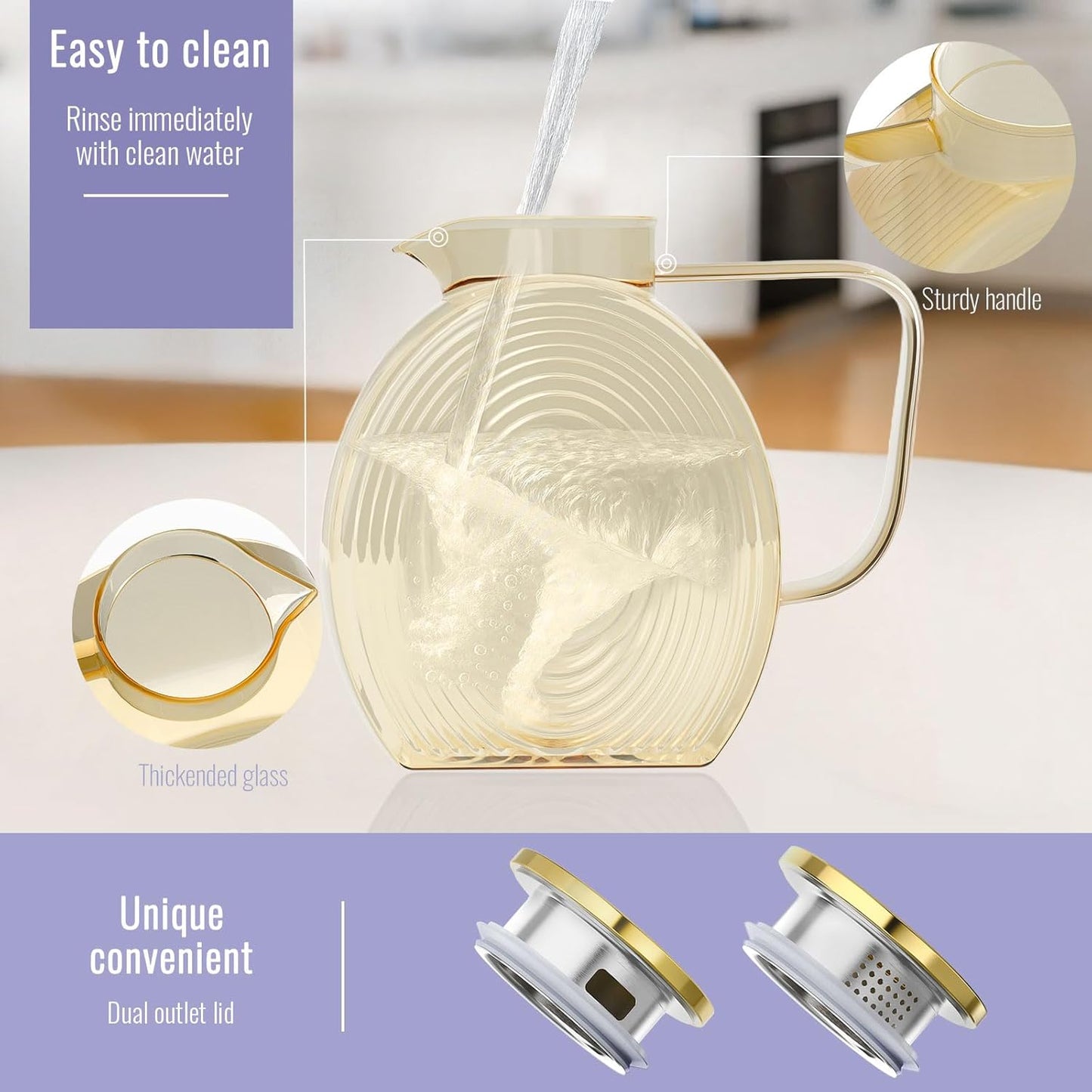 Glass Pitcher With Lid, 2.0 Liter 68 oz Glass Water Pitcher For Fridge, 0.53 Gallon Pitchers With Handle And Lid, Tea Jug Carafe Jar For Hot/Iced Water Milk Juice Coffee Fruit