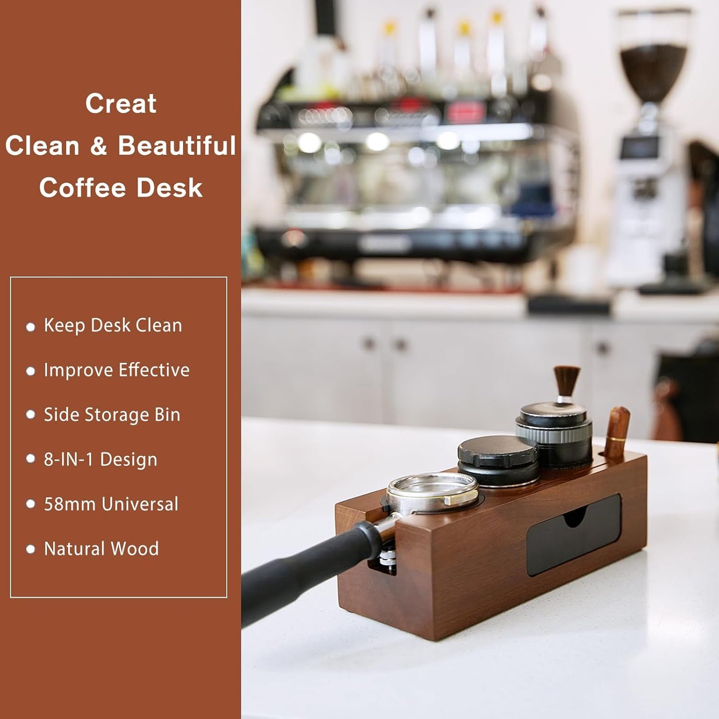 58mm Espresso Tamping Station - 8 in 1 Espresso Organizer for Storage 58mm Coffee Tamper, Distributor, Portafilter & Puck Screen Accessories, Wooden Tamper Station
