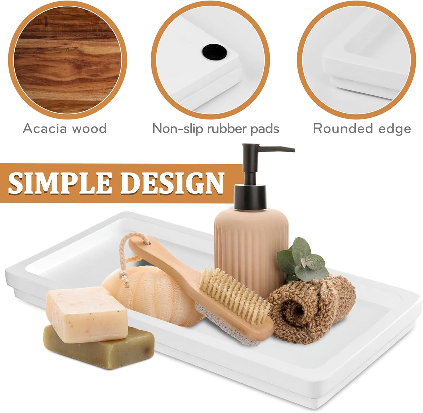 Acacia Rectangle Organizer Tray - 11.8 x 5.9 Inches, Soap Tray for Bathtub Countertop Sink Dresser Toilet Tank - Home Decoration for Jewelry Dish Key Plate (White)